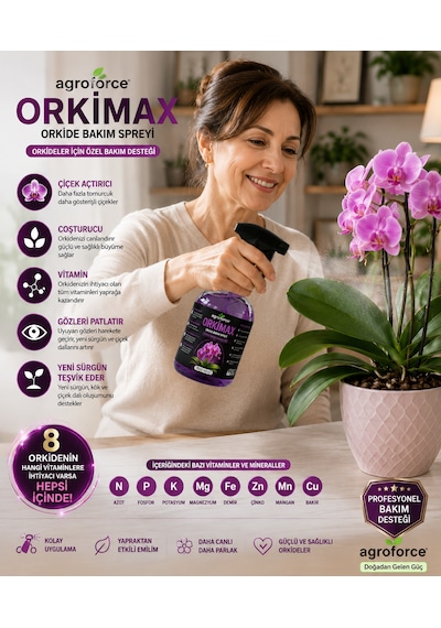 Agroforce Orkimax Orkide Bakım Spreyi 500 Ml Orkide Vitamini, Yaprak Bakım Ve Çiçek Destek Spreyi