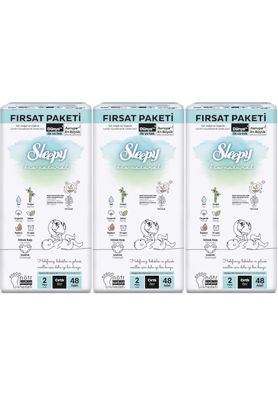 Sleepy Bebek Bezi Bio Natural Beden:2 3-6kg Mini 144 Adet 2 Numara 3'lü