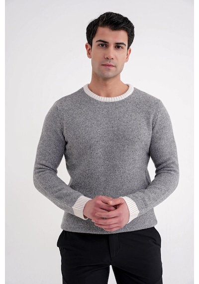 Slim Fit Renkli Ribanalı Ekru Gri Yünlü Bisiklet Yaka Triko Kazak Tr 890 Ekru-gri