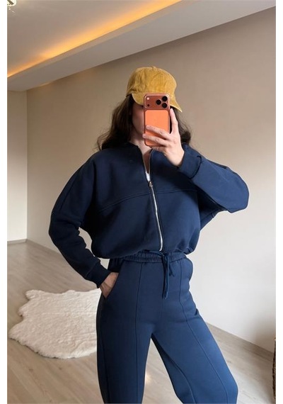 Neşeli Butik Kadın Oversize 3 İplik Cepli Eşofman Takımı Nm029 Lacivert