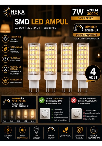 4 Adet Heka 7w Günışığı 3000k G9 Duylu Dim Edilebilir Led Kapsül Ampul