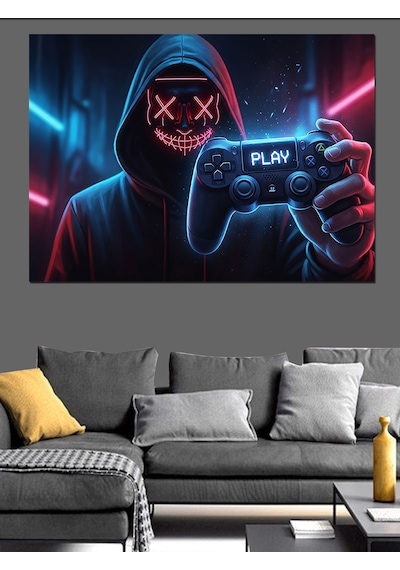 Neon Işıklı Kapşonlu Gamer Figür Dekoratif Kanvas - Mdf Ahşap Tablo