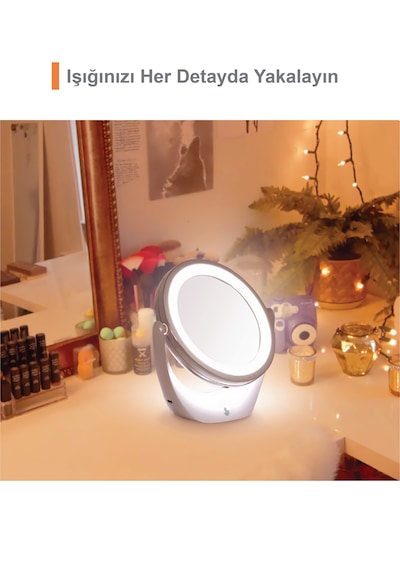 Touchbeauty Tb1276 Led Işıklı, Dounmatik Ekranlı, Şarj Edilebilir Makyaj Aynası 5x Büyütmeli Beyaz