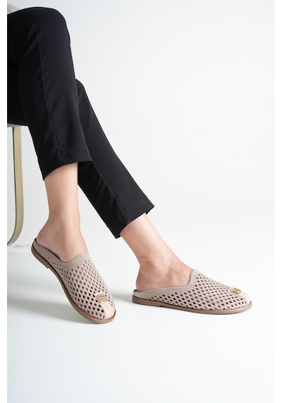 Analin Shoes Kadın Hakiki Deri Delikli Günlük Rahat Terlik Vizon