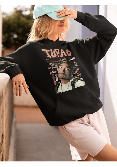 Tupac Rapper Baskılı Unisex Oversize Şarkıcı Hoodie Siyah