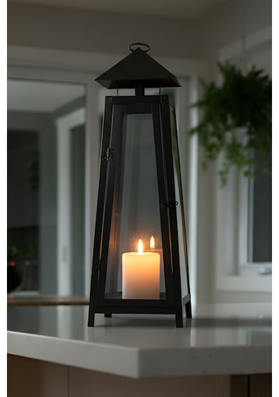 Eliza Metal Mumluk Şamdan - Askılı Cam Panelli Dekoratif 60 Cm Siyah Fener