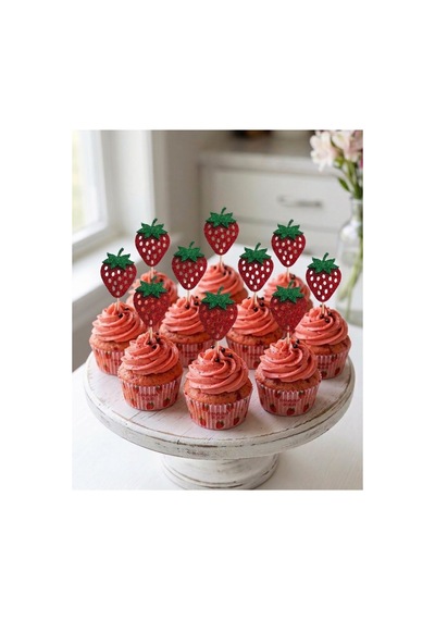 Çilek Simli Cupcake Kürdanı Doğum Günü Parti Ve Pasta Süsü 10 Lu 5cm