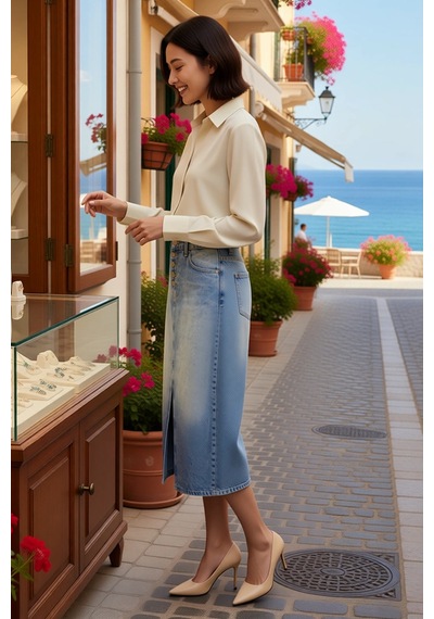 Benerly Kadın Midi Denim Etek Önden Düğmeli Yırtmaçlı A-line Kesim %100 P Mavi
