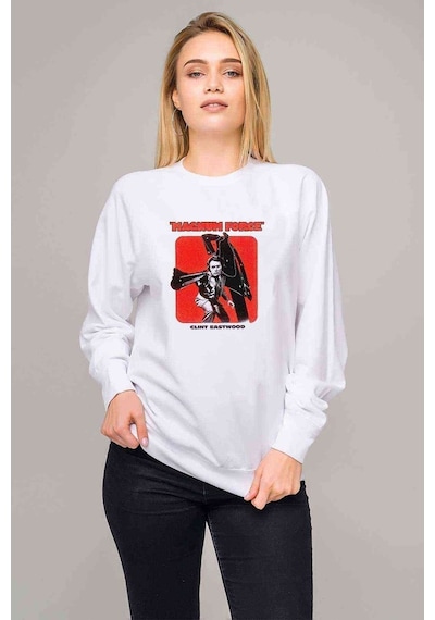 Magnum Force Clint Eastwood Baskılı Beyaz Kadın Sweatshirt