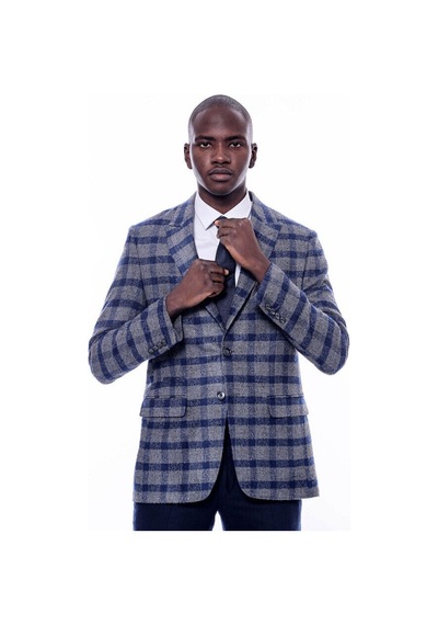 Wessi Ekose Sivri Yaka Slim Fit Mavi Erkek Ceket - Wessi Mavi