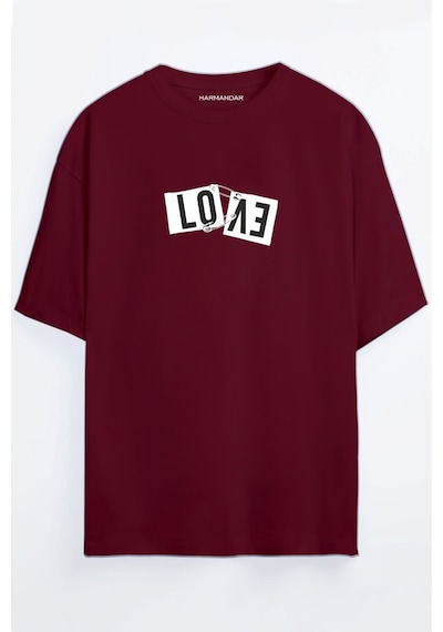 Unisex Love Aşk Siyah Oversize T-shirt Bordo