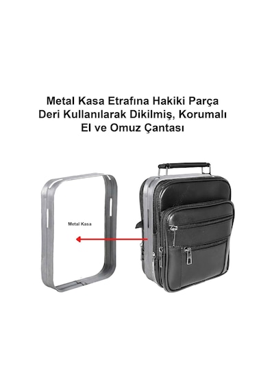Lederax Hakiki Deri Çelik Kasalı Yatay El Çantası 20X16 Cm-Siyah