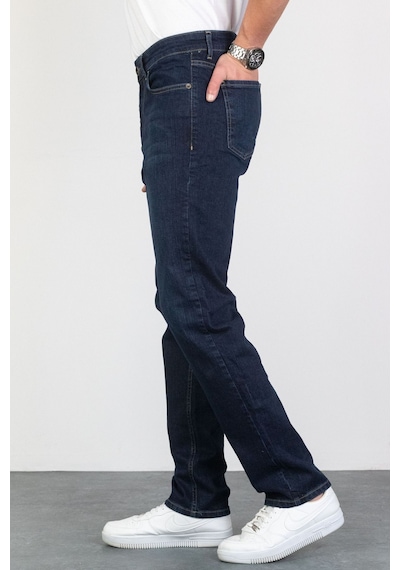 Regular Fit Boru Paça Likralı Erkek Jeans Kot Pantolon - Koyu Mavi