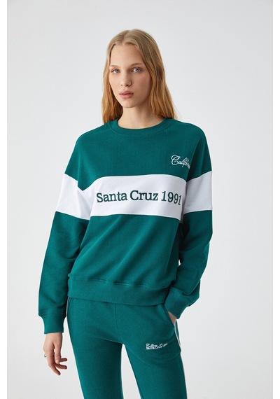 ETHIQUET NINOSKA Kadın Oversize Bisiklet Yaka Beyaz / Yeşil Sweatshirt