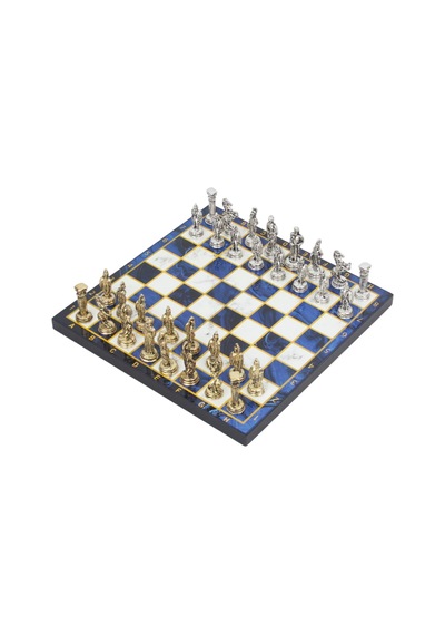 Lüks Metal Satranç Takımı Krom Kaplama Roma Ordusu Figür & Gök Mavi Mermer Desenli Tahta 20 Cm.