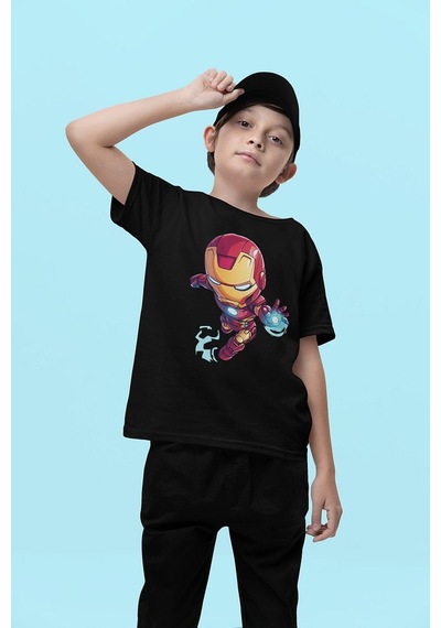 Sevbano Tasarım Ironman Baskılı Unisex Demiradam Film Çocuk Tişört 1-12 SIYAH