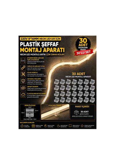 30 Adet Neon Led Tutucu Klips 1 Vidalı Duvar Aparatı,bağlantı Montaj Aparatı,kroşe,plastik Şeffaf Montaj Aparatı