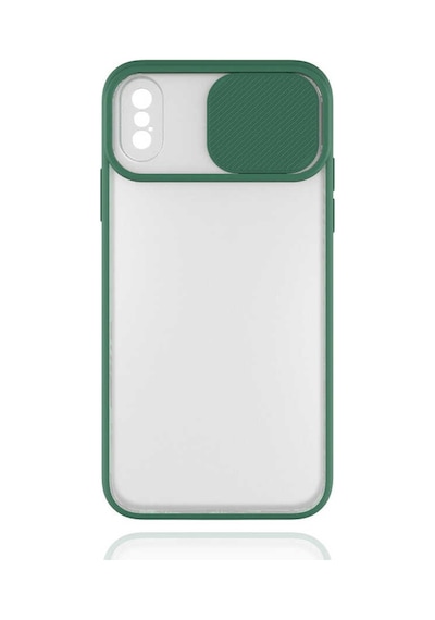 Noktaks - Apple Uyumlu iPhone X - Kılıf Slayt Sürgülü Arkası Buzlu Lensi Kapak - Koyu Yeşil
