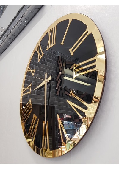 Ayna Denizi Golden Jet Black Model Altın Siyah Renk 50 Cm Dekoratif Aynalı Duvar Saati Siyah