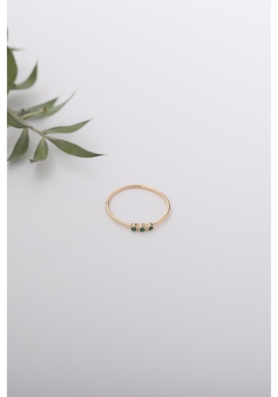 14 Ayar Altın Üç Taşlı Minimal Yeşil Yüzük Sarı Altın