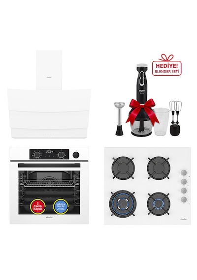 Simfer 0+10 Fonksiyon Steam Master 8245 Fırın + 3509 Ocak + 8707 Davlumbaz Beyaz 3'lü Ankastre Set
