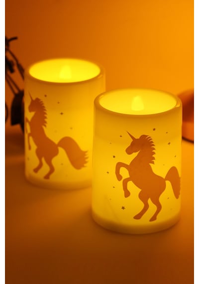 2li Led Mum Unicorn Bardak Tipi Pilli Dumansız Alevli Dekoratif Yapay Mum Dekor Lambası