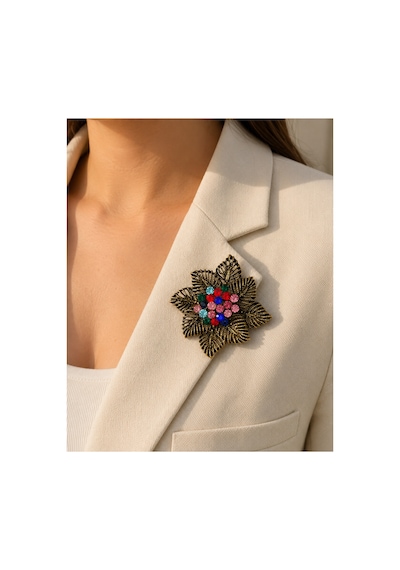 Renkli Taş Detaylı Vintage Yaprak Desenli Broş Şal, Fular, Ceket Ve Gömlek Yaka Aksesuarı Diğer
