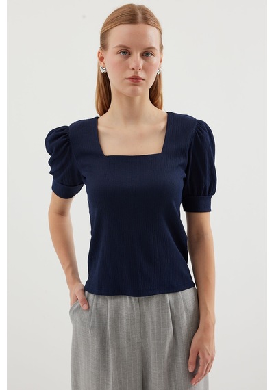 Bigdart 0409 Kare Yaka Örme Bluz - Lacivert 001