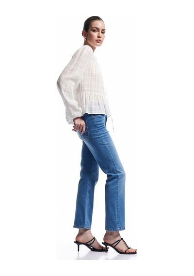 Koton Yüksek Bel Kısa İspanyol Paça Jean Pantolon - Flare Jeans Orta İndigo 5sal40303md