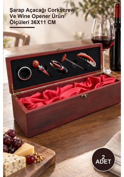 2 Adet Ahşap Kutulu Şaraplık Ve Tirbuşon Seti Şarap Açacağı Corkscrew Ve Wine Opener Ürün Ölçüleri 36x11 Cm