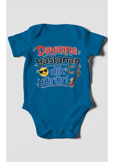 Morivokids Dayısına Yaslanan Dik Yürür Kısa Kollu Bebek Body %100 Pamuk Koyu Mavi