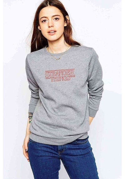 Stranger Things Kırmızı Logo Baskılı Gri Kadın Sweatshirt