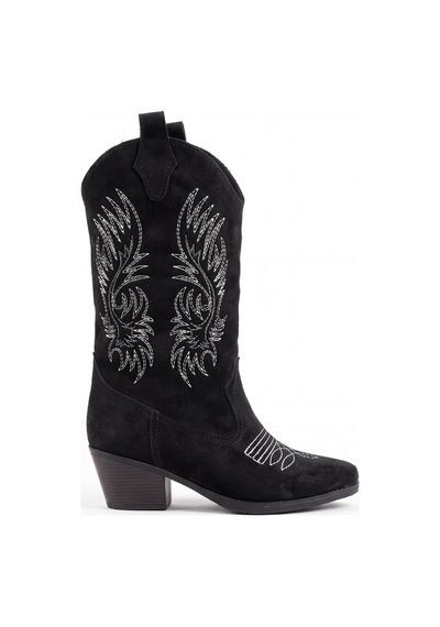 V.s.h Velvet Sara Kadın Western Basklılı Siyah Kovboy Çizme -2554
