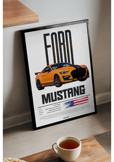 Ford Mustang Shelby Siyah Ahşap Çerçeveli Poster, Dekoratif Araba Duvar Tablosu