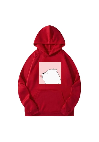 Kozia Outdoors Malkoçbey White Bear Baskılı Kapüsonlu Oversize Unisex Swetşhirt Kırmızı Kırmızı
