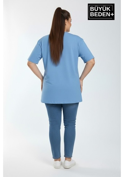 Superlife Kadın Büyük Beden Ar Baskılı 3xl-6xl Bisiklet Yaka Tshırt Spr26btsk510-1 Mavi
