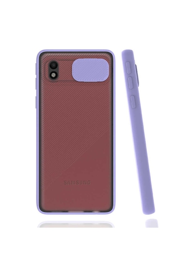 Noktaks - Galaxy Uyumlu A01 Core Uyumlu - Kılıf Slayt Sürgülü Arkası Buzlu Lensi Kapak - Lila - T16854 Lila