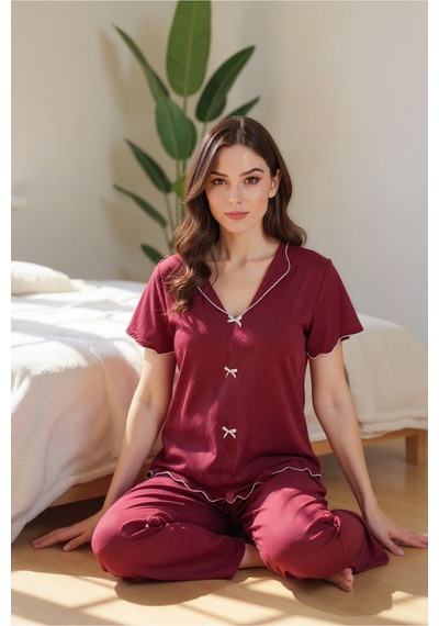 Bella Notte Pamuklu Bordo V Yaka Yazlık Pijama Takımı