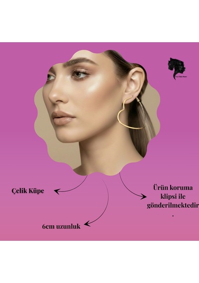 Kalp Model Halka Gold Renk Çelik Küpe 6cm Altın