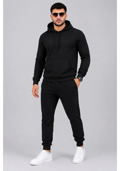 Abluka Online Erkek İki İplik Kapüşonlu Kanguru Cepli Sweatshirt Jogger Pantolon Alt Üst Eşofman Takımı -siyah