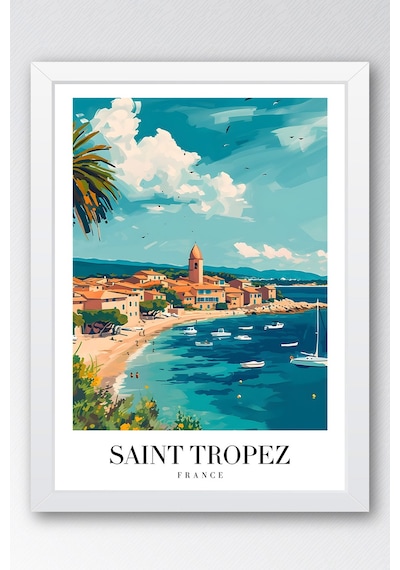Saint Tropez France Vintage Seyahat Posteri Çerçeveli Tablo - Premium Akdeniz Sahil Duvar Dekoru Beyaz