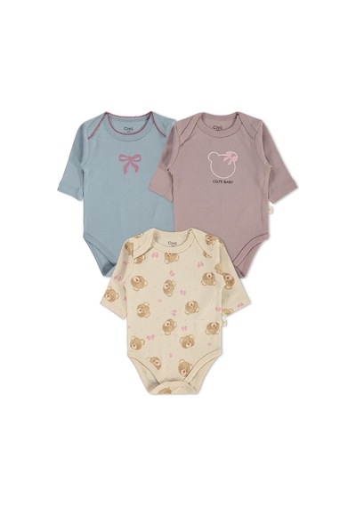 Civil Baby 3 Lü Ayıcık Empirmeli Uzun Kol 0-36 Ay Çıtçıtlı Badi - Bej Taş Rengi