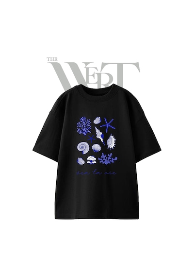 Thewert Deniz Canlilari Tasarım Baskılı Ünisex Siyah Oversize T-shirt