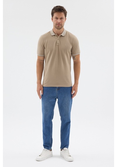 Bej Polo Yaka Pike Kısa Kol Slim Fit %100 Pamuk Tişört 1011260171 Koyu Bej