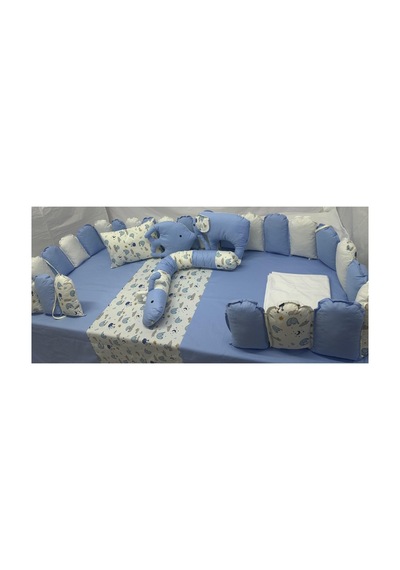 Montessori Uyku Seti, Çift Yönlü, 90x190, %100 Koton, 8 Parça, Nevresim 155 215, Lastikli Çarşaf Mavi Mavi