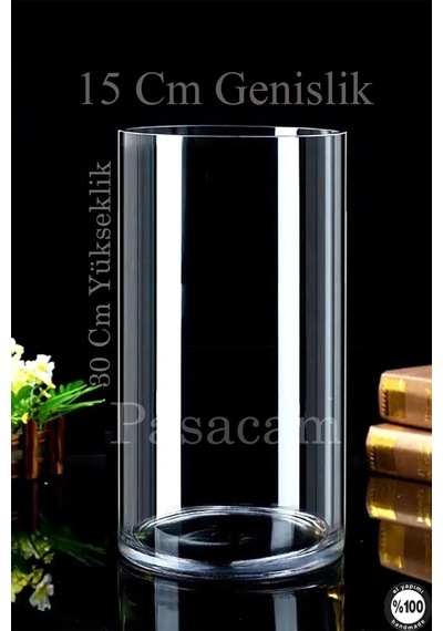 Silindir Cam Vazo Delizli El Imalat 14.9 Cm Genişlik 30 Cm 40 Cm Kalın Taban 2'li Set Beyaz