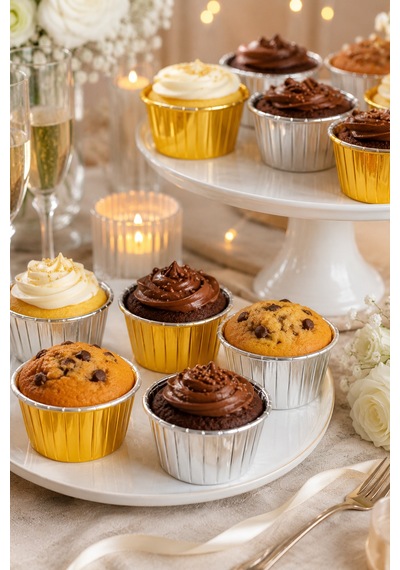 Cupcake Kapsülü 24'lü 12 Gold 12 Gümüş Varaklı Asetat Kutulu Kek Muffin Pişirme Ve Sunum Kapsülü Diğer