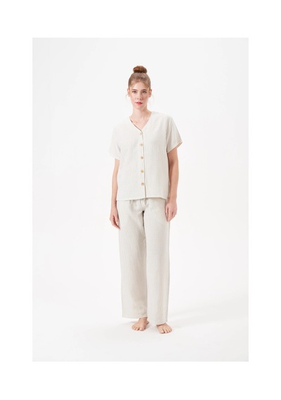 Angbutik Pjs 29098 Kadın Düğmeli Pijama Takım ekru