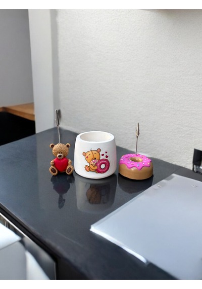 3lü Çok Renkli Donut Ve Ayıcık Tutacaklı Kalemlik Fotoğraf Not Tutucu Ofis Masası Tutacak Hediyelik 3lü Set