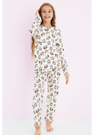 Siyah İnci Kız Çocuk Renkli Desenli Pamuklu Pijama Takım 24225702 Ekru